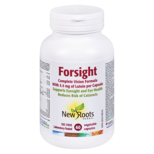 <em>Dietary Terms:</em><br>Gluten Free, Dairy Free, Wheat Free, Non-GMO, Product of Canada, Vegetarian<br>The eyes, your gateway to the soul, need nourishing to retain proper function. We?ve formulated Forsight to provide comprehensive nutritional ocular support.<br>New Roots Herbal?s Forsight provides a unique synergistic blend of 20 nutrients including minerals, vitamins, and plant extracts?all standardized to provide valuable support for vibrant healthy eyes and eyesight. New Roots Herbal?s Forsight combines traditional knowledge and experience with current, cutting-edge science.<br>Forsight?s high-quality nutrient complexes are specifically designed to sustain important eye functions. Our formula provides natural pigments used by your eyes to retain optimal retinal health.