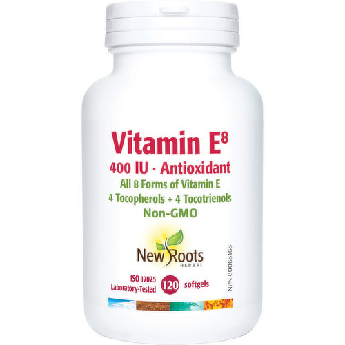<em>Dietary Terms:</em><br>Product of Canada<br>Most vitamin?E supplements contain only D-alpha-tocopherol, and often the synthetic form; at New Roots Herbal, there is much more to vitamin?E than D-alpha-tocopherol?there are eight compounds that make up the vitamin?E family; four tocopherols and four tocotrienols, extracted from vegetable oils that are present in their natural, fully active, unesterified form.<br> New Roots Herbal?s Vitamin?E8 is sourced from GMO-free sources. This natural, comprehensive vitamin?E supplement provides all the benefits of vitamin?E you would obtain from food and includes the benefits of tocotrienols, phytosterols, and squalenes. Phytosterols have cholesterol-lowering properties and may reduce the risk of heart disease.