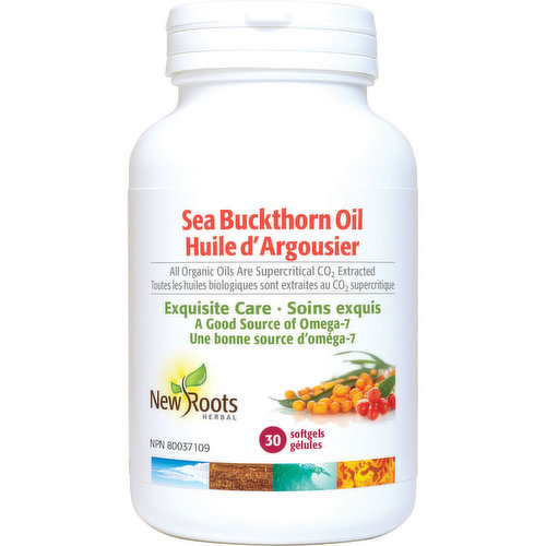 <em>Dietary Terms:</em><br>Gluten Free, Dairy Free, Wheat Free, Product of Canada<br>New Roots Herbal?s Seabuckthorn softgels are formulated with 1000?mg of omega-7?rich sea buckthorn fruit and seed oils, with an additional 40?mg of goji seed oil.