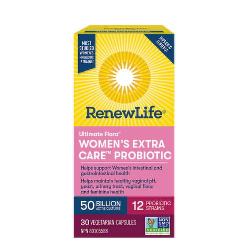 Renew LIfe Daily multi-strain womens probiotic blend that supports womens gut and overall health and provides 50 billion live bacterial cultures in a convenient once a day capsule.