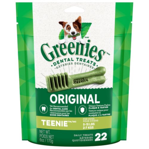 For Dogs 5-15lbs. One treat a day is all it takes for clean teeth, fresh breath & a happy dog. Delicious, original-flavor dental dog chews that fights plaque & tartar. 170g/22pk