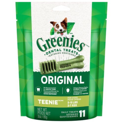 For Dogs 5-15lbs. One treat a day is all it takes for clean teeth, fresh breath & a happy dog. Delicious, original-flavor dental dog chews that fights plaque & tartar. 11pk/85g