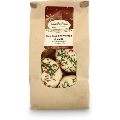 This shortbread has delicious and festive sprinkles on top. Fancy enough for a quick snack during the holidays or to bring along as a gift. Available while quantities last. 420g