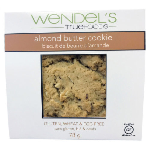 <em>Dietary Terms:</em><br>Gluten Free, Wheat Free, Product of Canada, Product of B.C.<br>Handmade creamy almond butter cookies, made with natural ground almond butter.