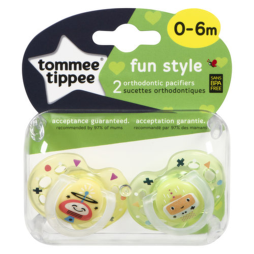 All fun style orthodontic Tommee Tippee pacifiers use the same nipple to ensure easy transition between pacifiers. Traditional shield style with bright and playful jungle designs.