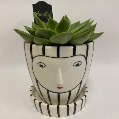 Horty Girl - Ceramic Face Pot Saucer w/ Plants 4.5In