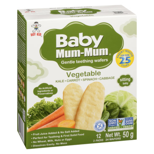 Great Taste, No Mess, Dissolves Easily, Fruit Juice Sweetened & No Salt Added. Perfect for Teething and First Solid Food. No Corn, Wheat, Milk, Eggs or Nuts. 2 Pack wrapped. 50g. 24 Rusks