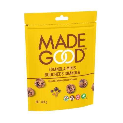 Rich dark chocolate and ripe bananas. These granola minis taste just like dessert and contain the nutrients found in one full serving of vegetables. Gluten free and peanut free.