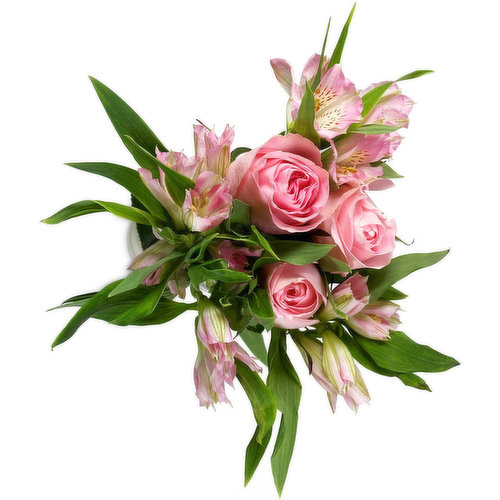 Fresh-cut elegant roses & biocoloured freckled (or streaked) alstroemeria, complement each other in this beautiful bouquet. Alstroemria's have multiple flowers on each stem. This bouquet is perfect for a bud vase & or a large arrangement. Colours selection may vary from store to store.