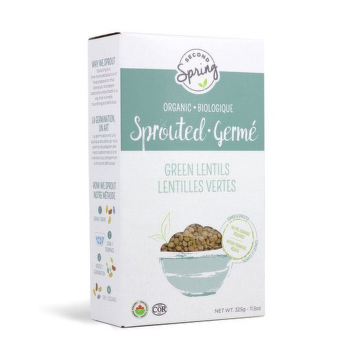 Green lentils are a good source of protein, fibre, iron, magnesium and zinc. Sprouting green lentils improves digestibility and enhances taste and texture. Sprouted green lentils hold their shape well, making them ideal for salads, soup and side dishes.