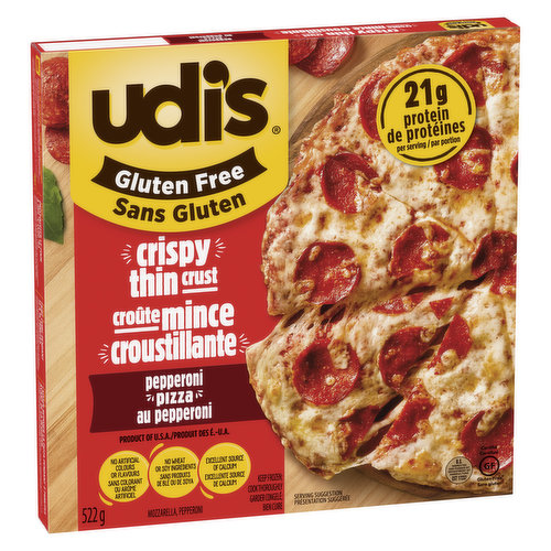 Udi's Gluten-Free Frozen Pepperoni Pizza has a savory sauce made from tomatoes, garlic, and spices that covers a thin and crispy crust, topped with mozzarella, cheddar, parmesan cheese & pepperoni for a delicious slice every time. An excellent source of calcium. Contains 21 g of protein per serving. No artifical colours or flavours.