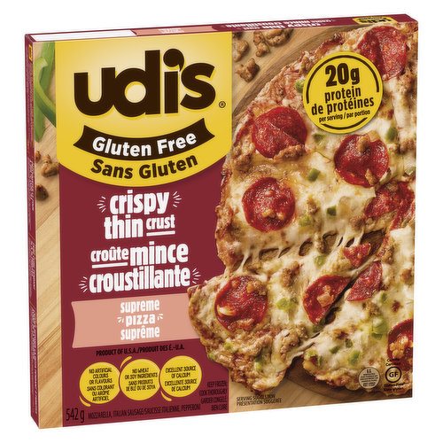 Udi's Gluten Free Frozen Supreme Pizza starts with a thin and crispy crust topped with a savoury sauce made from tomatoes, garlic, and spices. Then we add mozzarella cheese, green pepper, onion, and a layer of Italian sausage and pepperoni. An excellent source of calcium. Contains 20 g of protein per serving. No artificial colours or flavours.