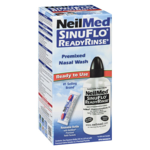 A premixed/ready to use saline solution nasal wash. Use For: allergies and dryness, sinusitis, rhinitis, allergic asthma, post nasal drip and much more!. Includes bottle, and 2 premixed packets.