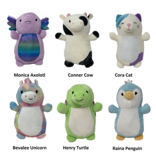Hug Mees 10 inch size in 6 styles. Ages 0+. Available while quantities last, Please specify Squishmallow preference in notes. In order of image, left to right: Monica Axolotl, Conner Cow, Cora Cat, Bevalee Unicorn, Henry Turtle and Raina Penguin.
