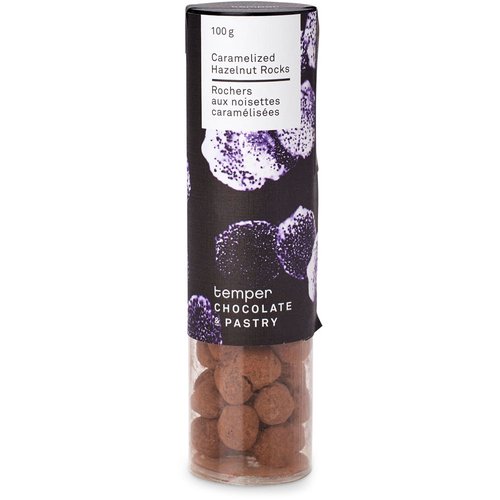 Caramelized Hazelnuts coated in Valrhona 62% chocolate & cocoa powder.