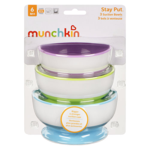 Set includes (3) different-sized suction bowls. Strong suction base helps prevent messes & spills, easy for parent removal. Larger suction base creates a better hold. BPA Free & mircowave safe.