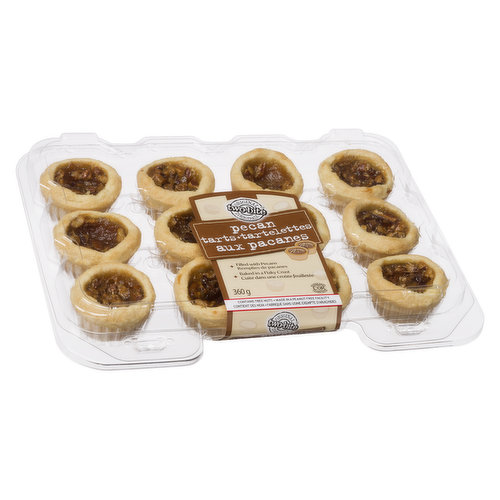 Buttery tart shells with a butter tart filling, topped with crunchy pecan pieces. Contains 12 miniature tarts. Made in a Peanut Free Facility. Contains Tree Nuts.