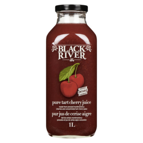 Our top selling pure juice, tart cherries are known for their health properties. Low in sugar, high in melatonin, and a natural anti-inflammatory, it is a favourite of athletes, insomniacs and gout sufferers alike. We source the tart cherries directly from farmers in the Niagara region of Ontario and press them ourselves here at Black River. We do add a touch of concentrate to help balance the fluctuating sugar levels in cherry juice (sugar levels in the berries can be different from one side of the orchard to the other) but we make the concentrate itself out of Ontario cherries. Sediment is completely normal, it's just the natural fibre from the fruit. Shake well and enjoy this very powerful juice.
