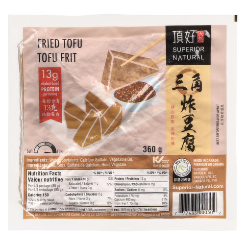 Firm inside and crispy fried on the outside. Each package contains 4 tofu triangles.