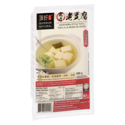 Made with natural sea salt. This results in a wonderful medium-firm texture and earthy taste. This type of tofu originates from Northern China. Source of Calcium, High in Fibre.