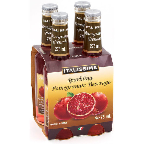 4x275ml Bottles. Product of Italy. Ingredients: Carbonated water, sugar, pomegranate juice, citric acid, natural flavours, elderberry extract, ascorbic acid.