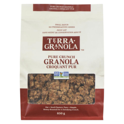 Family Size of our Pure Crunch granola offering great value on our granola made with toasted oats and seeds sweetened with honey and a hint of cinnamon and sea salt. Preservative Free. Non GMO
