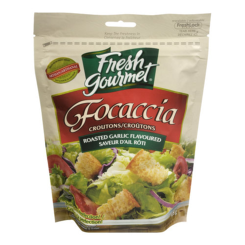 Crafted from the finest artisan bread seasoned with fragrant spices, our Focaccia Roasted Garlic Croutons are great on sliced tomatoes, vinaigrette, a hearty Caesar salad, or your favorite mixed green