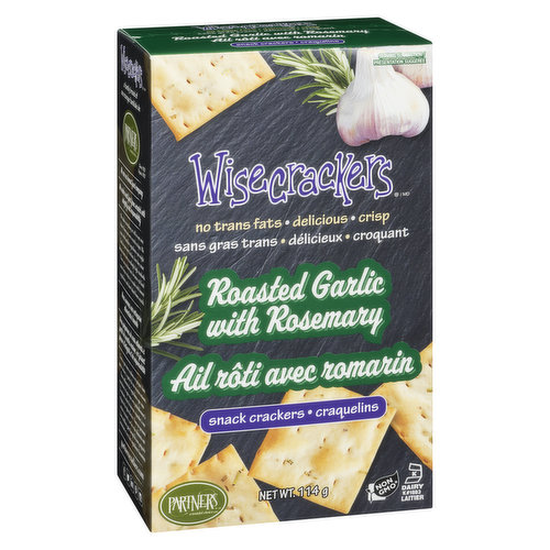 Freshly roasted garlic, made by hand at Partners, is paired with a sprinkle of rosemary to give these thin crisp flatbread crackers a mild garlic taste.