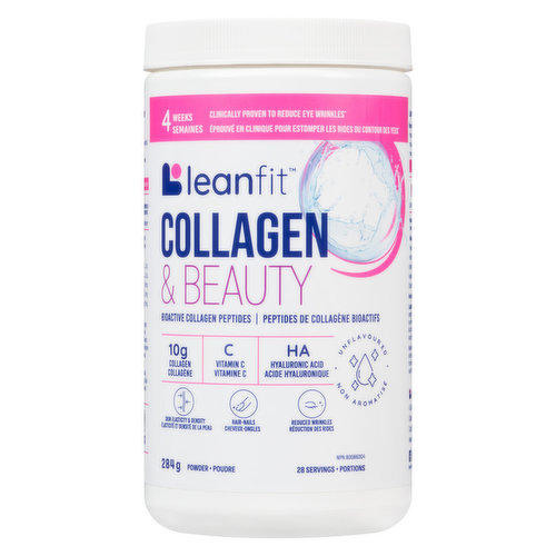 Protect, restore, and rejuvenate your body, inside and out.LEANFIT COLLAGEN & BEAUTY is clinically proven to reduce eye wrinkles in just 4 weeks and increase skin elasticity and density. Added hyaluronic acid and vitamin C provide additional skin hydration and immune support. It's water-soluble, flavourless, and mixes easily. Stir a scoop a day into your morning coffee and let the results do the talking!