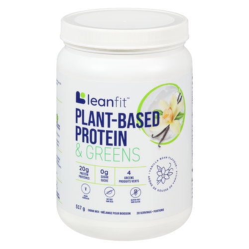 Adding protein and greens to your day has never been easier! LEANFIT PLANT-BASED PROTEIN & GREENS is a delicious blend of pea, rice, and hemp protein, with a nutritional boost from kale, broccoli, spinach, and alfalfa. Enjoy in your daily smoothie to support your immune function, build and maintain muscles, and give your body a natural source of iron that is equivalent to 6 cups of raw spinach. Made with natural vanilla flavouring.