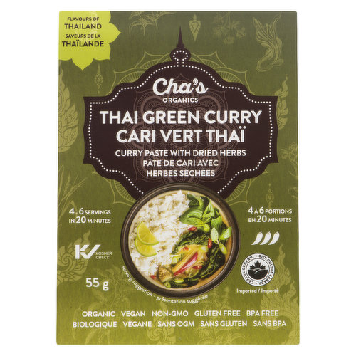 Cha's Organics bring flavor to the table. In just 20 minutes you can cook 4 to 6 servings of tradional Thai green curry. Gluten free, vegan, non gmo,