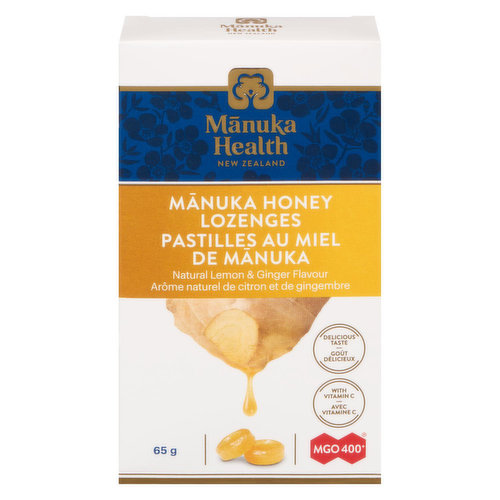 Manuka honey lozenges with the natural flavour of ginger and lemon. Provides soothing relief for a dry, scratchy throat. 100% natural and boosted with vitamin C.
