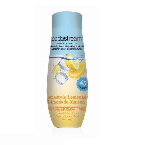 Add a twist to your refreshing SodaStream bubbles with their naturally flavoured Lemonade drink mix. With no high fructose corn syrup or aspartame, it's a great way to keep yourself refreshed throughout the day. Makes about 35 servings. 40 calories.
