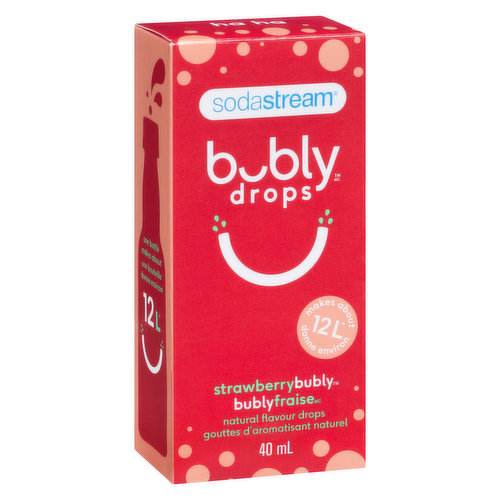 A fun new way to sparkle your water with strawberry flavor essence! Make your favorite bubly sparkling water right at home with SodaStream. no calories or sweeteners. All smiles. One 40ml bubly drops bottle makes about 12Lof bubly sparkling water.