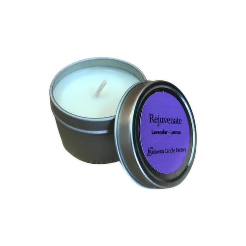 <em>Dietary Terms:</em><br>Product of Canada, Product of B.C.<br>The Rejuvenate Soy Candle has a beautiful oil blend of Lavender & Lemon. A heavenly twist of relaxing softness and vibrant juiciness. Our round 2oz Soy Therapeutic Mini Silver Tin Candles are handmade from 100% pure, unrefined natural  Canadian soy and cotton wicks, and clean oil blends, all non-toxic, environmentally-friendly ingredients. This ingredients have no lead, zinc, carcinogens, solvents or any other toxins. They offer a long, clean, non-toxic burn and soft glow.