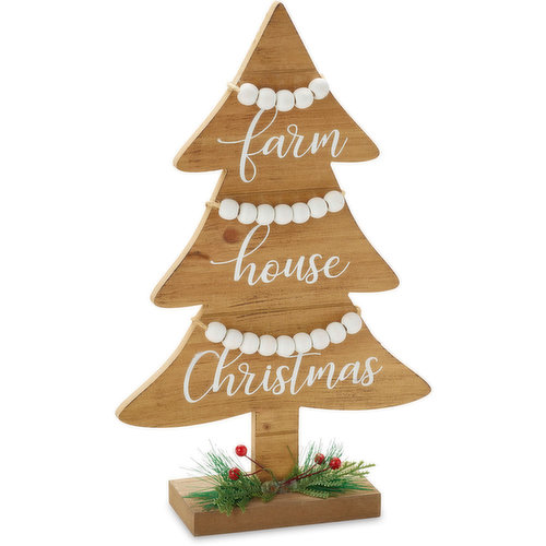 Get into the holiday spirit with this festive wooden sign. Features the phrase "Farm House Christmas" with white beads. 12 Inch. Available for a limited time while quantities last.