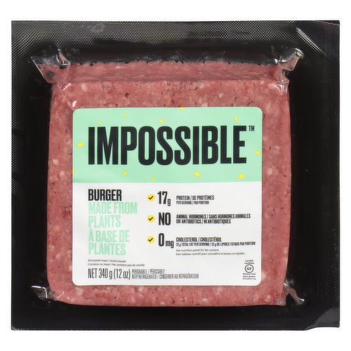 Packed with vitamins & minerals, Impossible Burger is not only good for you but also for the planet! 17g protein & 0mg cholestreol, 7g saturated fat per serving. No animal hormones or antibiotics. Gluten free.