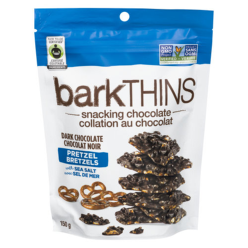 Indulgent dark chocolate paired with a classic salty pretzel. It's snacking chocolate with a twist. Fair trade and non-GMO.