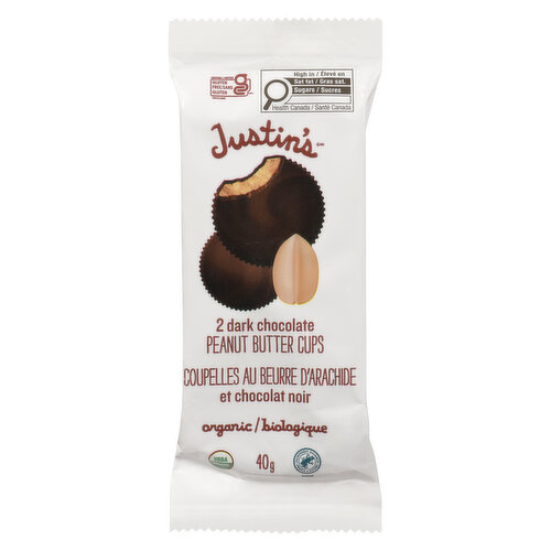 Justin's Organic Peanut Butter Cup, Dark Chocolate, 1 single Box of  12-1.40Z (40g) two-cup packages