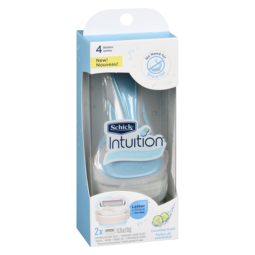 Schick Intuition is the first and only razor system that lathers, shaves and moisturizes during shaving - in one easy step - so theres no need to use shave gel.It also features a 4-blade pivoting head to glide smoothly along the contours of your legs and body. Schick Intuition is the simple way to get smooth, beautiful legs.