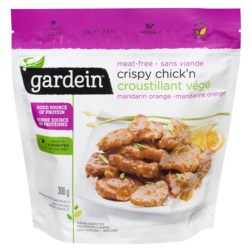 Savour every morsel of these mandarin orange flavoured crispy plant-based chick'n pieces from Gardein  pure zingy, meat-free deliciousness! 15 grams of protein and 0 mg cholesterol per serving. Prepared in Canada. Kosher.