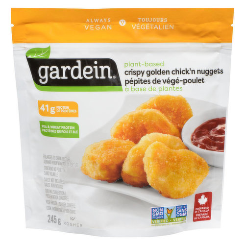 Enjoy meat-free Gardein plant-based crispy golden chick'n nuggets as an appetizer or part of a main course meal. An easy and delicious plant-based alternative for anyone. 41 grams of protein. Pea & Wheat protein. Prepared in Canada. Kosher.