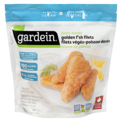 Looking for a delicious alternative to fish? Gardeins got you covered with these golden plant-based fsh filets  an easy swap for a classic favourite. 190 calories and 0mg of cholesterol per serving. Prepared in Canada. Kosher.