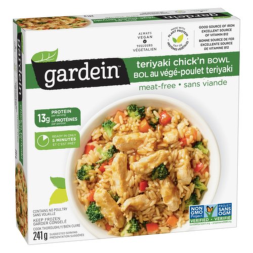 Good source of Iron & excellent source of vitamin B12. 100% plant-based ingredients. 13g protein. Always Vegan & non-GMO. Meatless chicken, broccoli, carrots & red pepper in a savory Teriyaki sauce.