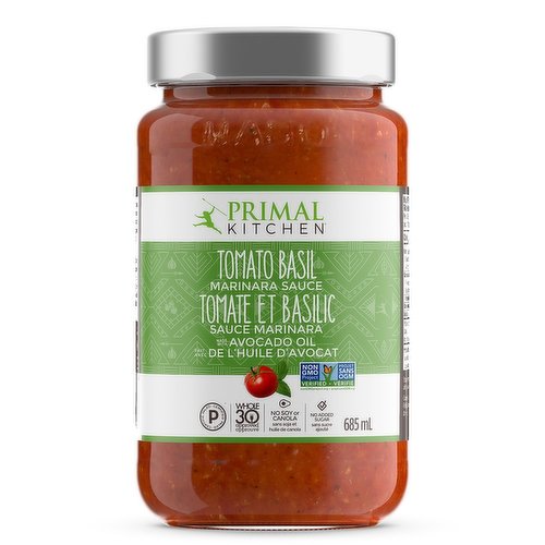 The new Primal Kitchen Tomato Basil Marinara Sauce is made with avocado oil, California grown organic tomatoes, and basil. A simply delicious, classic take on a pantry staple. With no added sugar, artificial ingredients, gluten, canola or soybean oil. This vegan plant based sauce is Paleo certified, non gmo and whole 30 approved.