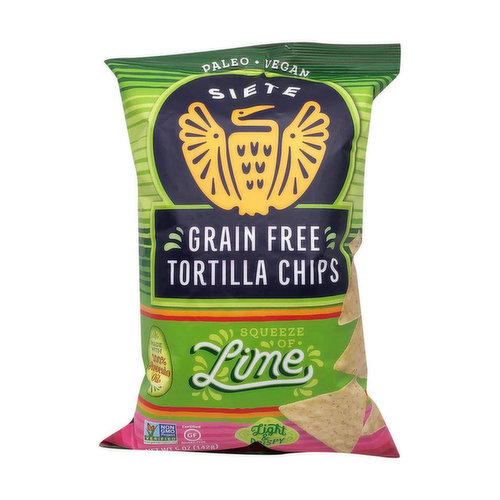Siete offers grain free, gluten free, dairy free, non GMO, soy free, vegan, cooked in avocado oil tortilla chips