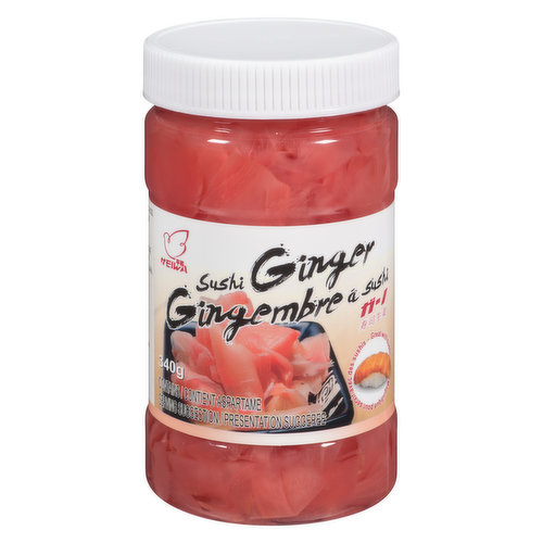 Sliced young ginger marinated in sugar and vinegar. Typically served and eaten after sushi to cleanse the palate. Contains aspartame.