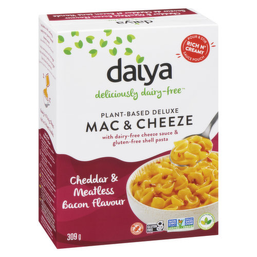 Velvety cheddar style sauce, gluten-free pasta, savory vegan bacon. Go ahead. Make a double batch. Gluten, soy, dairy & lactose free, non-GMO. Great source of calcium. 5g protein.