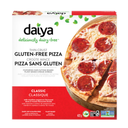 Plant based pie-fection. Introducing the dairy free, gluten free Meatless Pepperoni Flavour Pizza. Our vegan pepperoni is made with Daiya's own secret blend of pea protein crumbles and mushroom. Topped with a generous layer of our Cutting Board Collection Mozzarella Flavour dairy free cheese shreds, this vegan pizza is a thing of beauty!