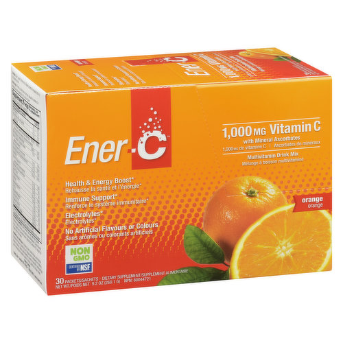 Provides health and energy boost and immune support. Contains electrolytes, antioxidants, 1000mg of vitamin C, and A, E and B vitamins. Non-GMO.